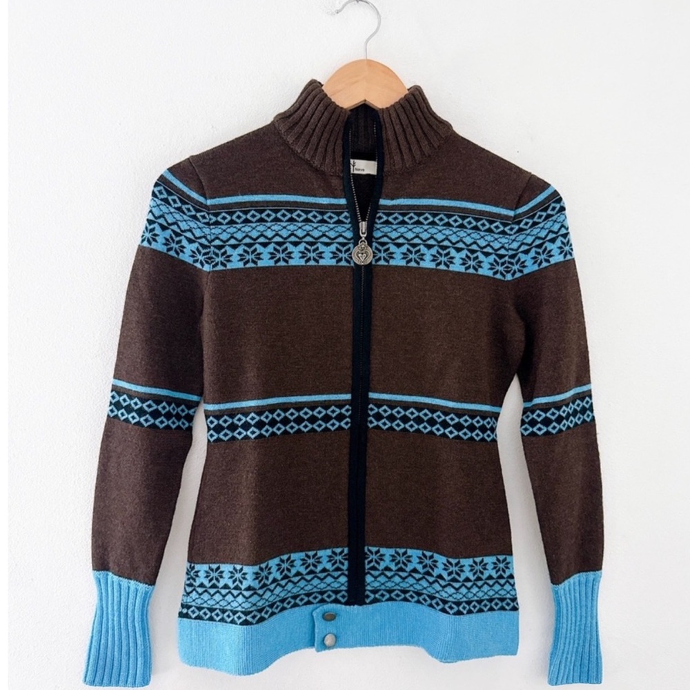 Anthropologie Neve Full Zip Up Cardigan Ski Sweater 100% Merino Wool Cabincore